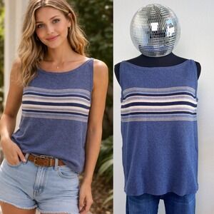 Vintage 90s Blue Knit 100% Cotton tank top, Womens Medium, Boat Neck camisole